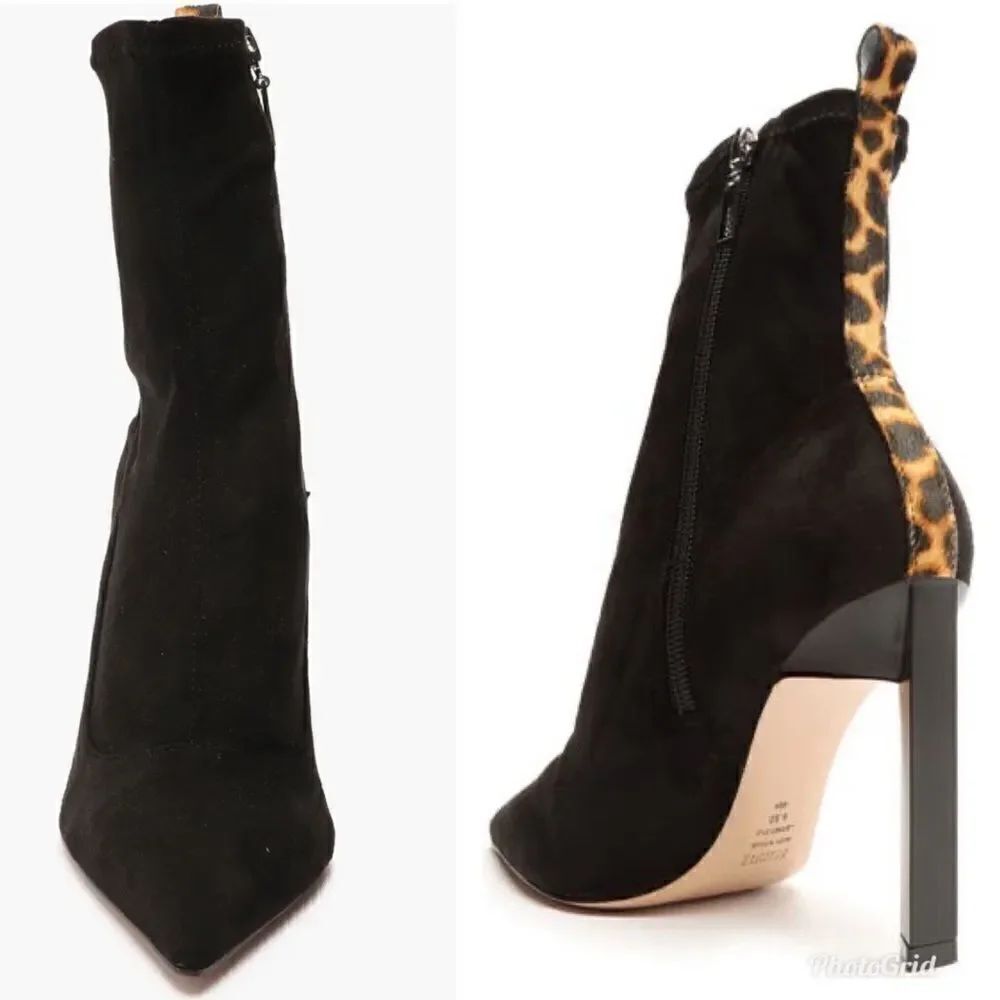 Revolve Schutz Benine Black and Leopard Print Pointed Toe High Heel Ankle Boots